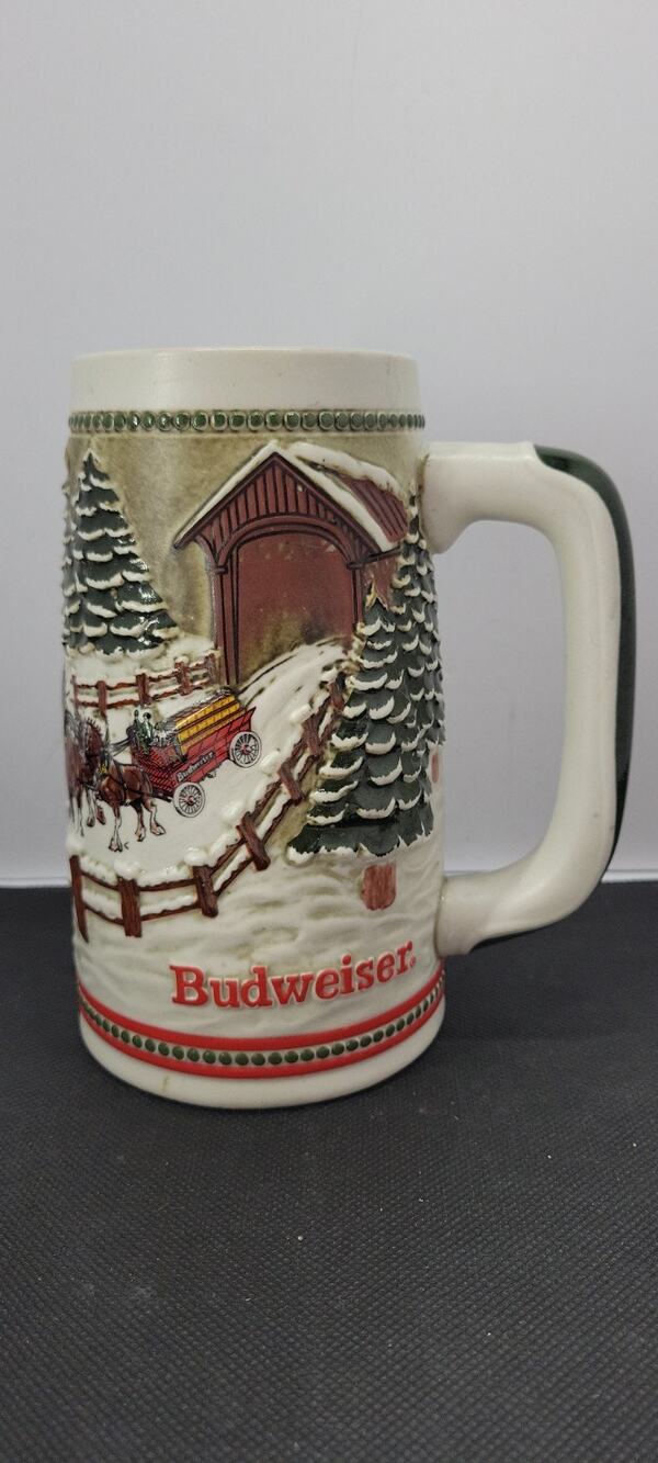 Budweiser 1981 Holiday Beer Stein Snowy Woodland Clydesdale Ceramarte Mug NESDC